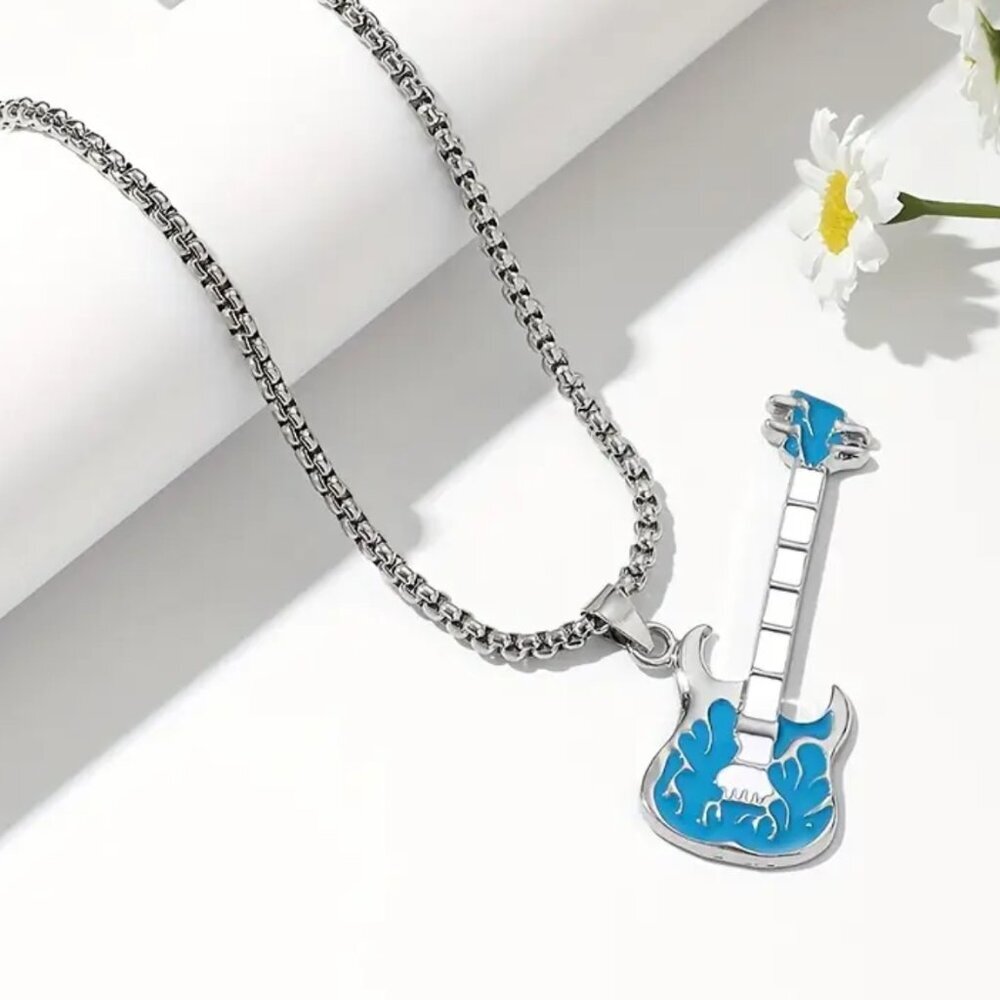 Light Blue Flaming Guitar with White Neck Rocker Necklace and Pendant 1559